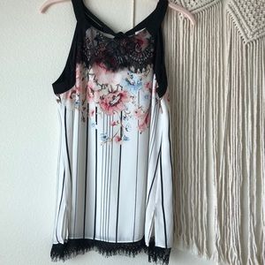 White House Black Market Floral Striped Lace Top